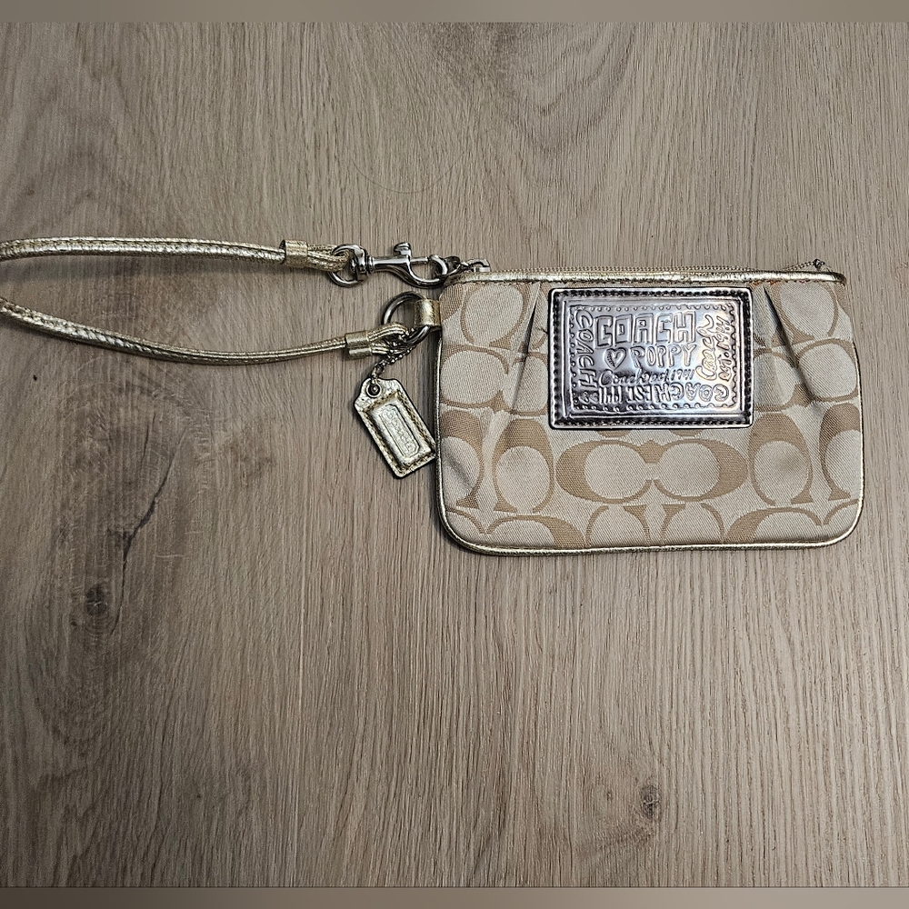 Coach Poppy Tan Logo Print Wristlet